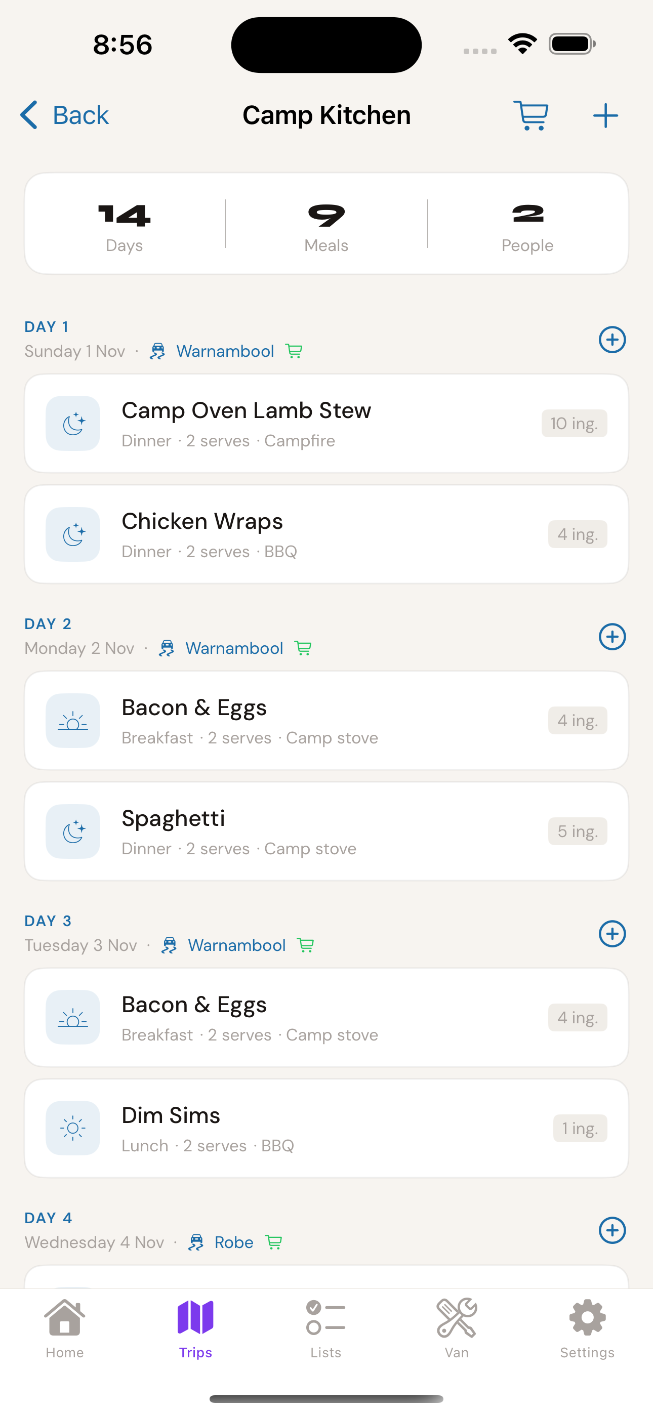 Camp Kitchen meal planner showing day-by-day meals