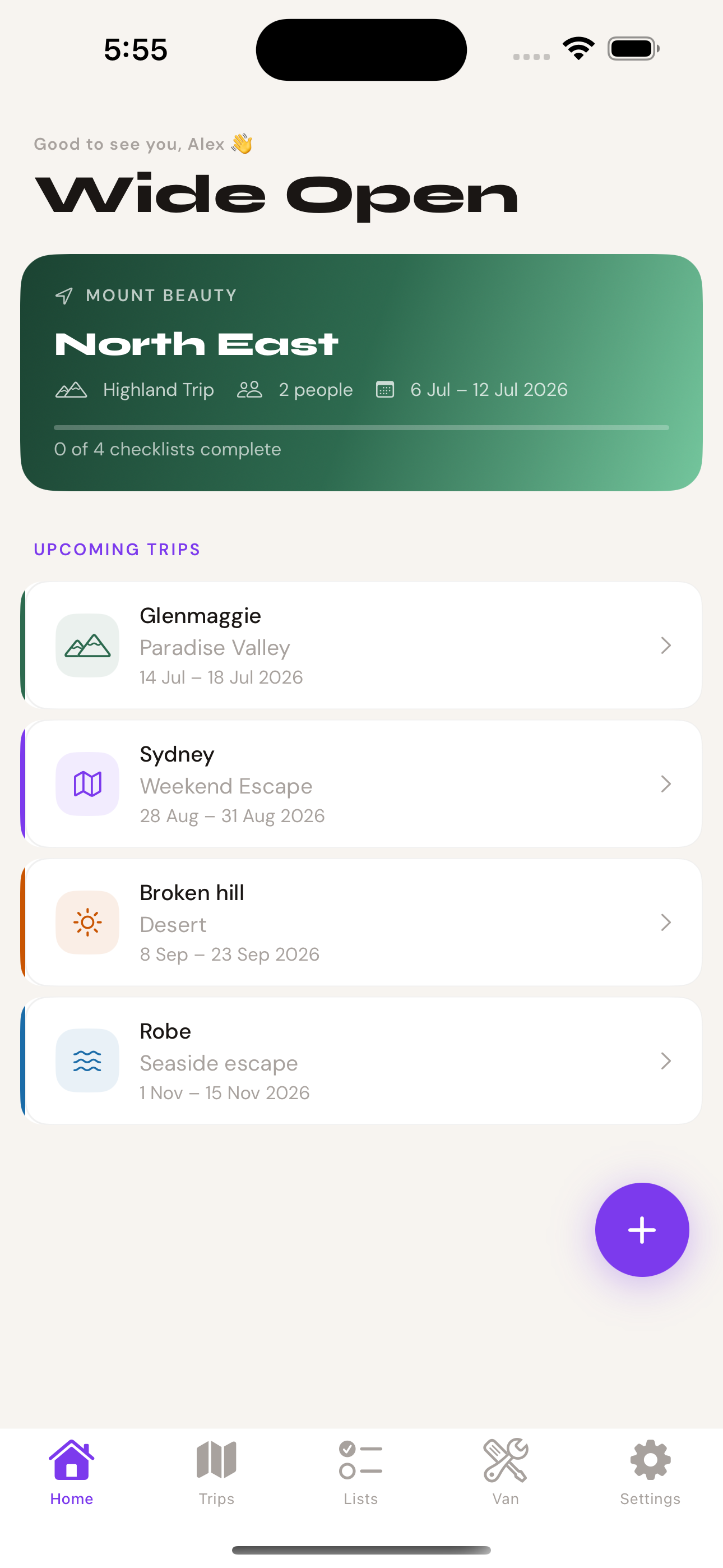 Wide Open Australia home screen showing upcoming trips