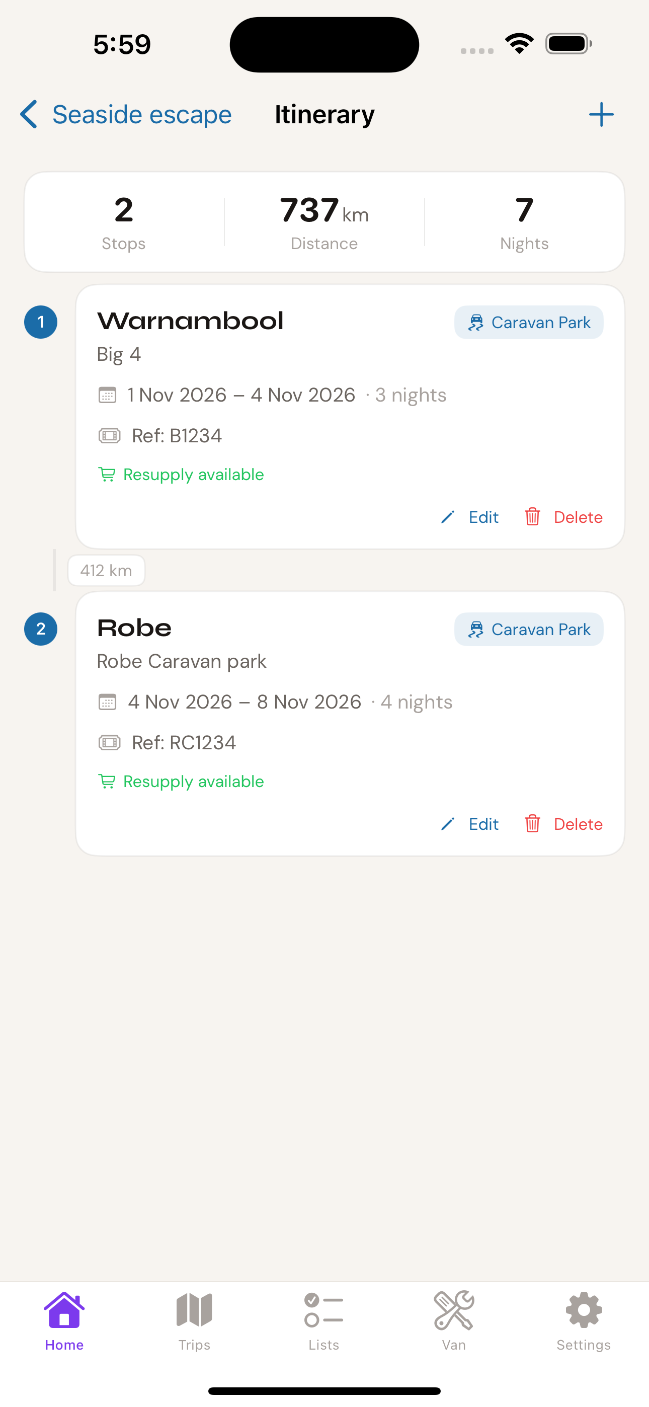 Itinerary showing Warnambool and Robe stops