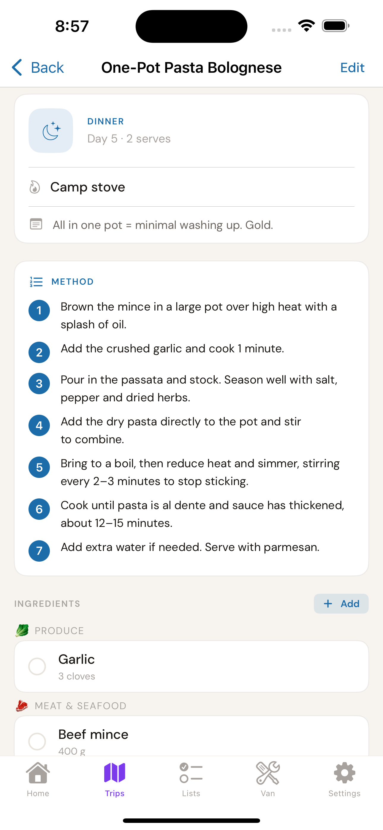 Recipe detail for One-Pot Pasta Bolognese with method and ingredients