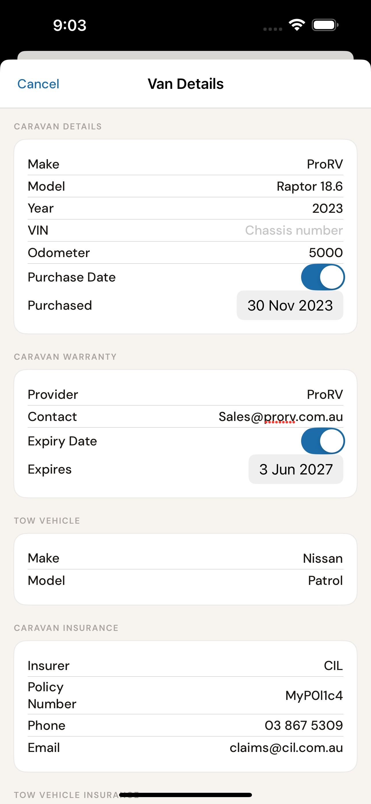 Van details showing insurance and policy information