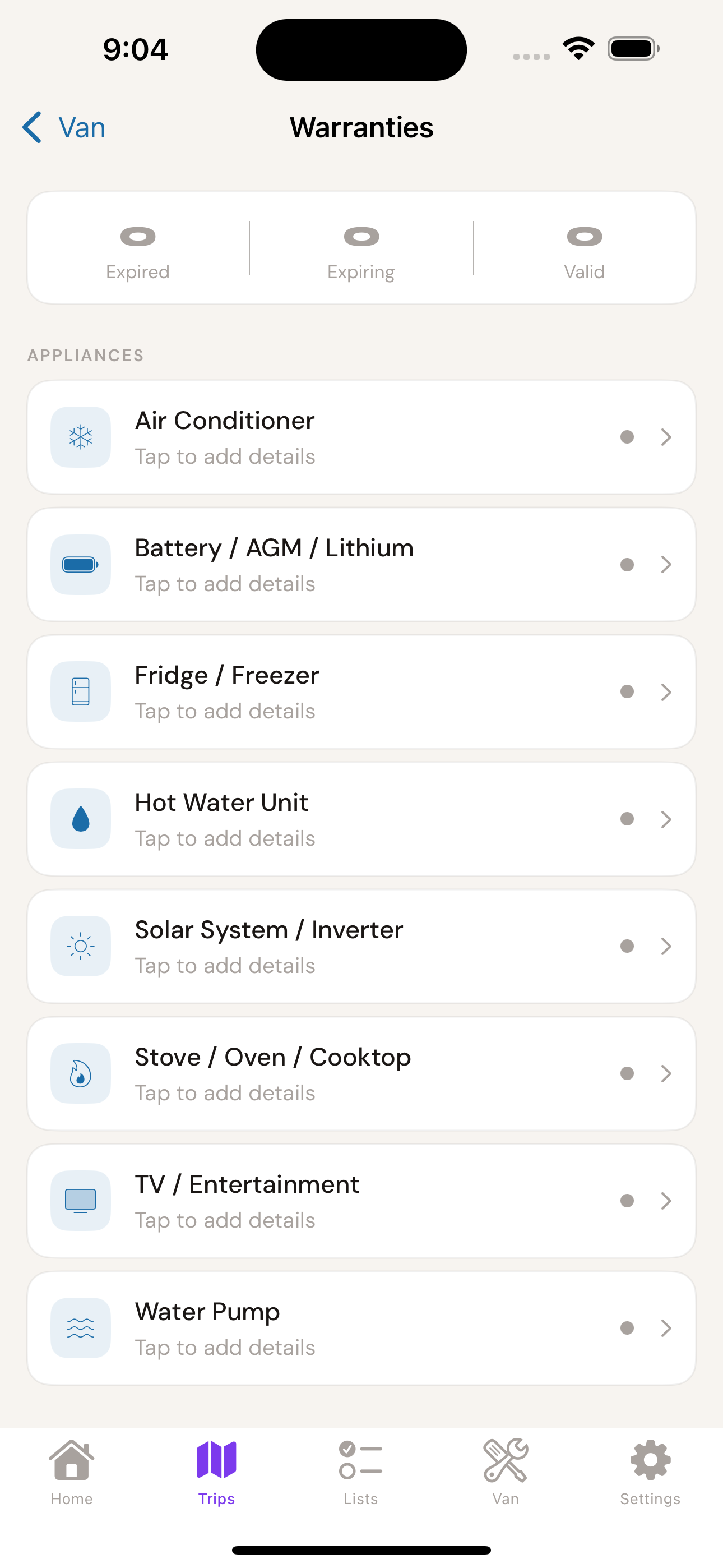 Warranties screen listing all caravan appliances